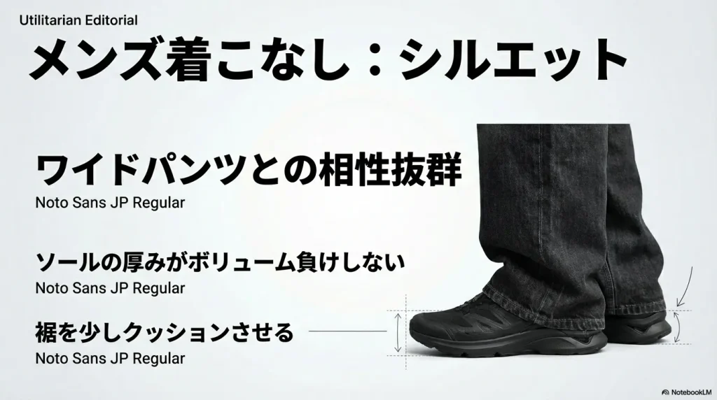 メンズ着こなし：シルエット。ワイドパンツと相性抜群のソール厚みと裾のクッションの解説