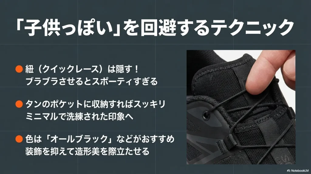 サロモン特有の靴紐（クイックレース）をシュータンのポケットに収納し、スッキリ見せる方法を解説した画像。