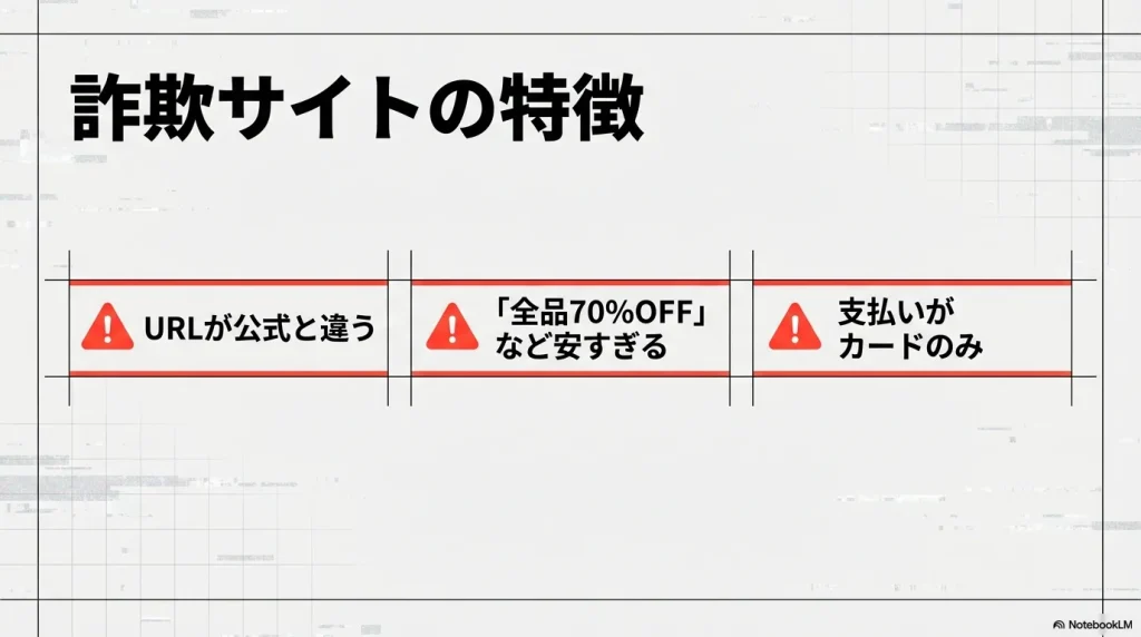 URLが公式と違う、全品70%OFFなど安すぎる、支払いがカードのみといった詐欺サイトの特徴