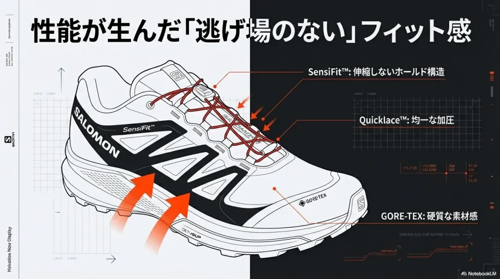 SensiFit（伸縮しないホールド構造）、Quicklace（均一な加圧）、GORE-TEX（硬質な素材感）が足に「逃げ場のない」フィット感を生む構造の解説。
