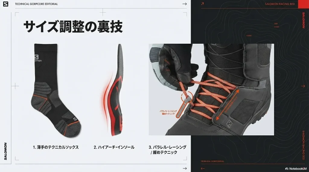 薄手のテクニカルソックス、ハイアーチインソール、パラレルレーシング（紐の通し方）によるサイズ調整テクニックの紹介。