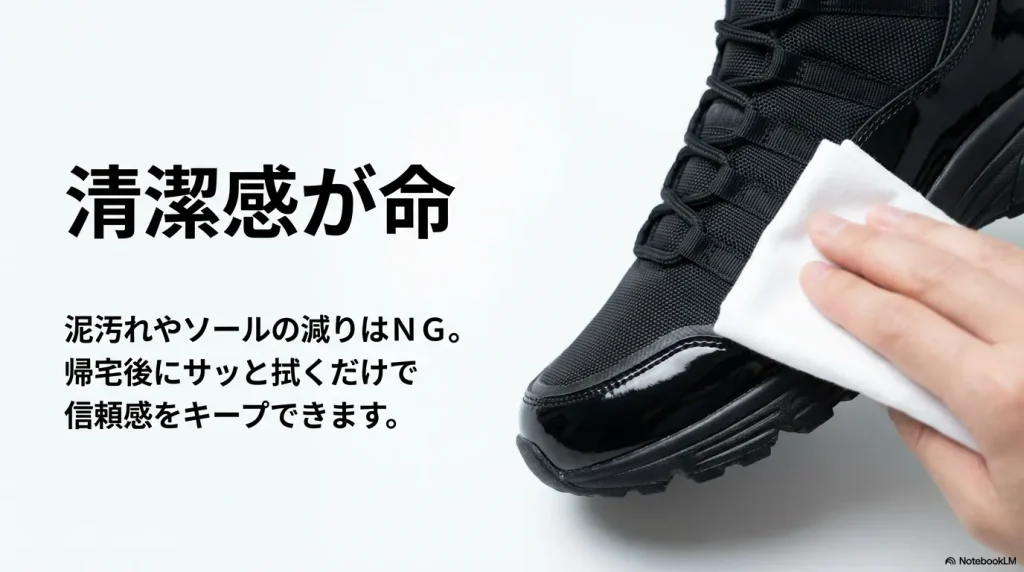 泥汚れやソールの減りは避け、帰宅後に拭くことで信頼感をキープすることを促すメッセージ