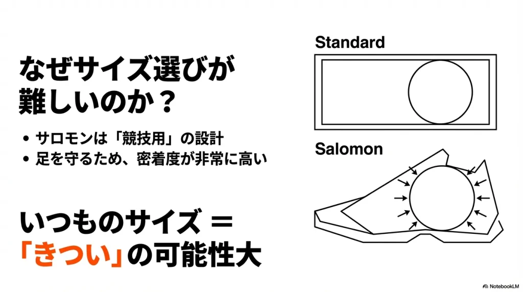 サロモンは競技用設計のため密着度が高く、いつものサイズでは「きつい」と感じやすい理由を説明する図解。
