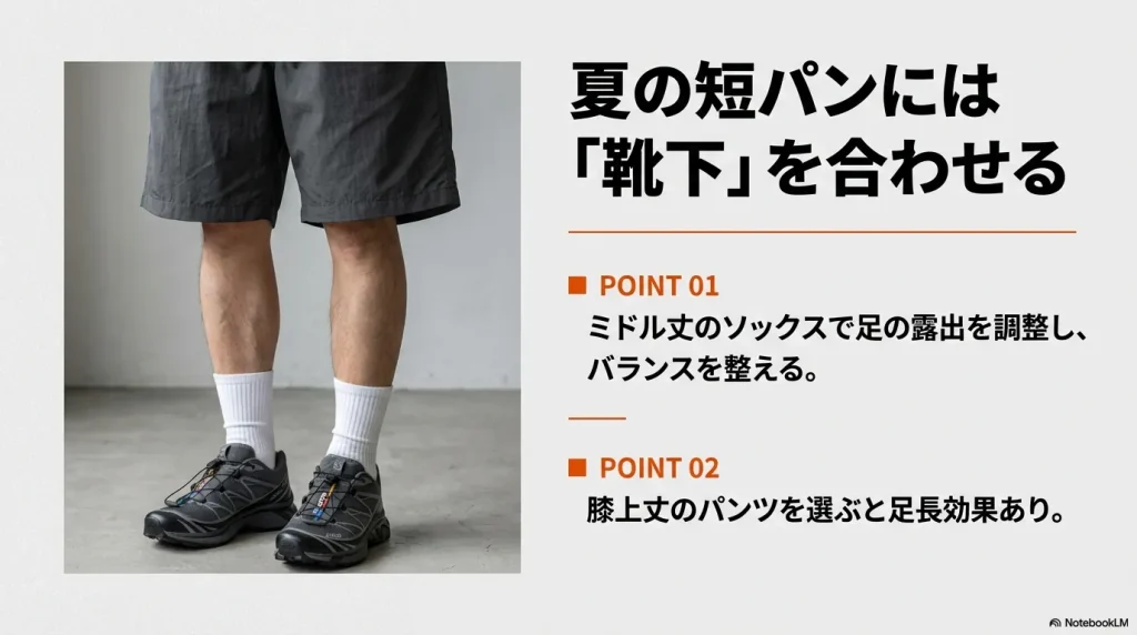 短パンに白いミドル丈ソックスとグレーのサロモンを合わせた画像。露出の調整と膝上丈パンツによる足長効果の解説。