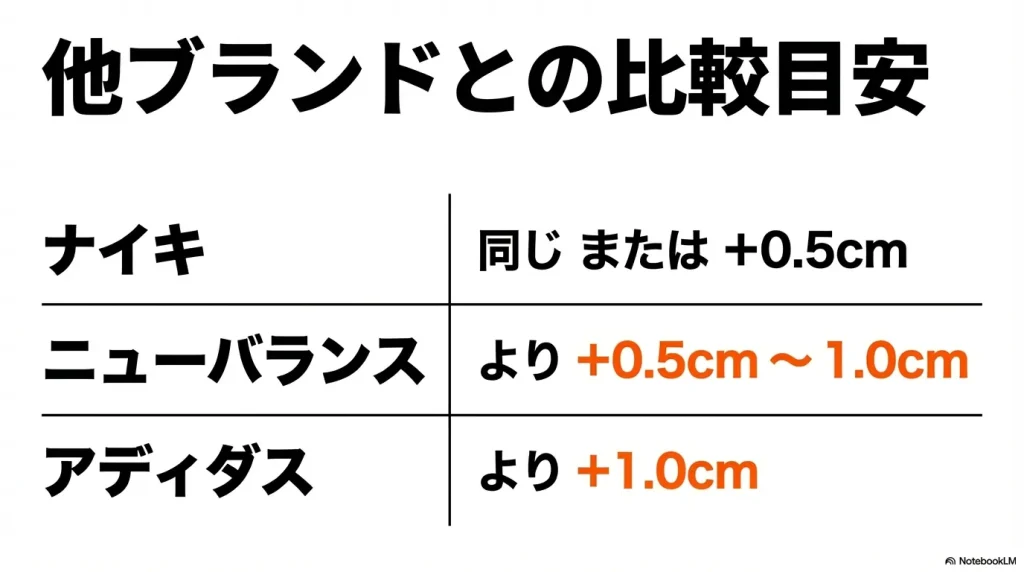 他の人気ブランドと比較した際、サロモンで選ぶべきサイズアップの目安表。