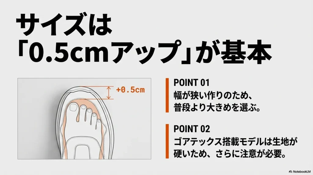 足の形と靴の余裕を示すイラスト。「0.5cmアップ」を基本とし、幅の狭さやゴアテックスモデルの硬さに注意するとの解説。