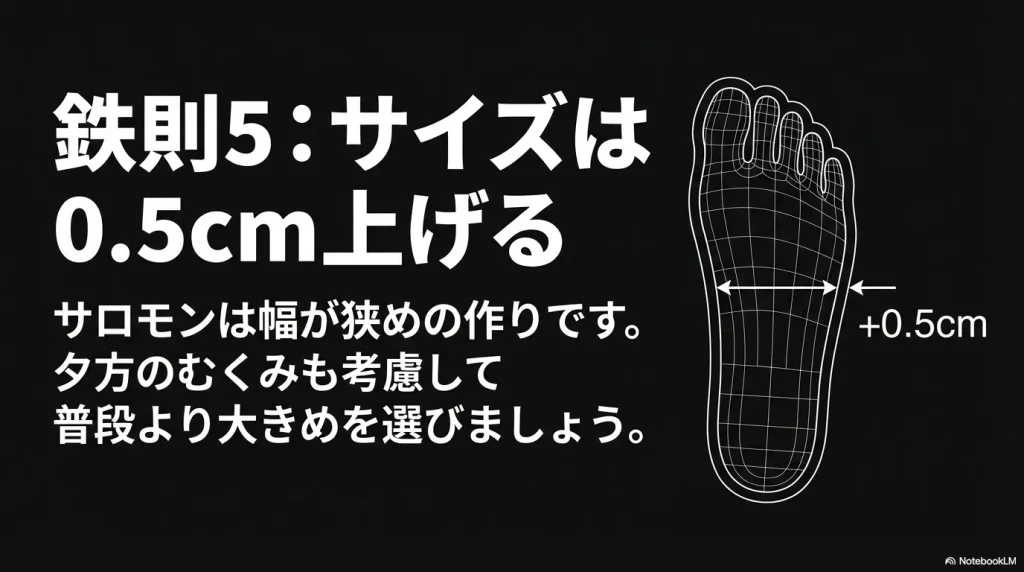 サロモンは幅が狭いため、足のむくみも考慮して普段より0.5cm大きめを選ぶことを推奨する足のイラスト