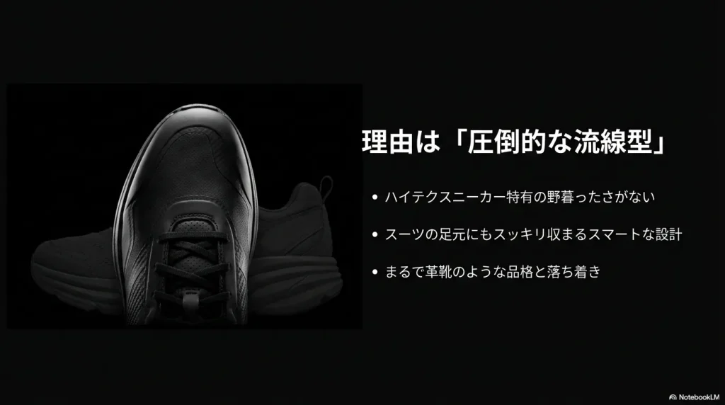スーツの足元にもスッキリ収まる、革靴のような品格を持つサロモンの流線型デザイン