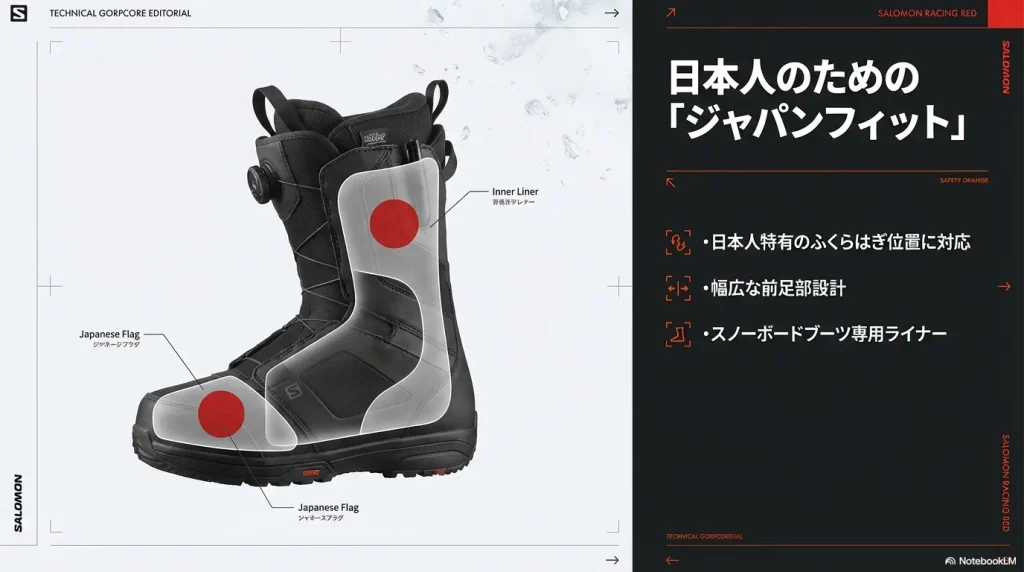 サロモンのスノーボードブーツ。日本人のふくらはぎ位置や幅広な前足部に対応した専用設計（ジャパンフィット）の解説図。