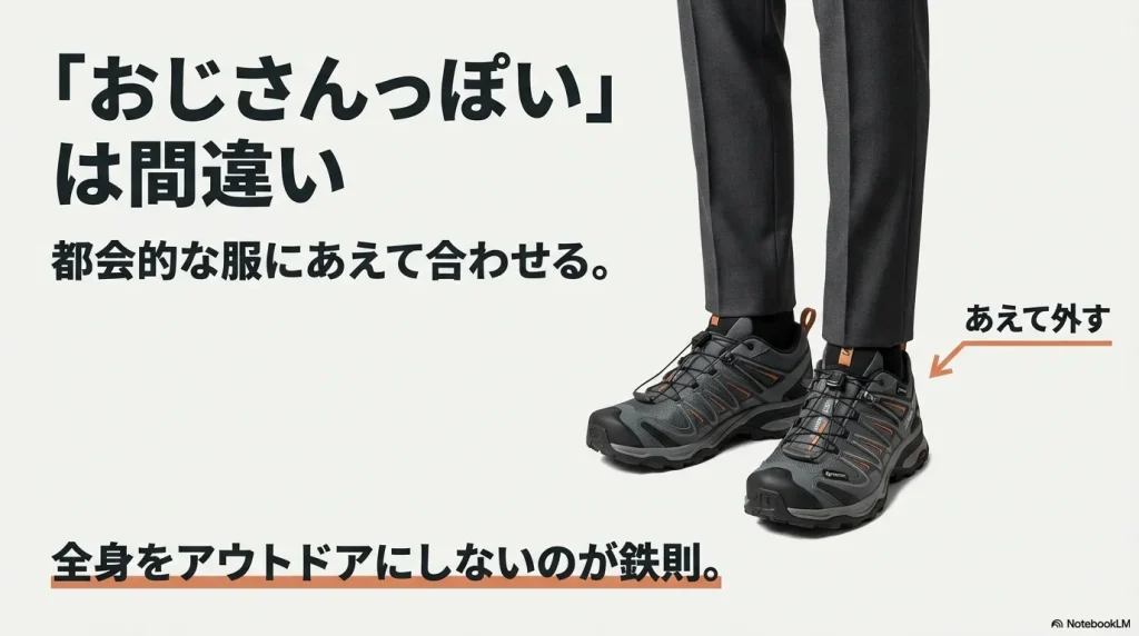 都会的な服に合わせて全身アウトドアにしない、あえて外すスタイリングのポイント