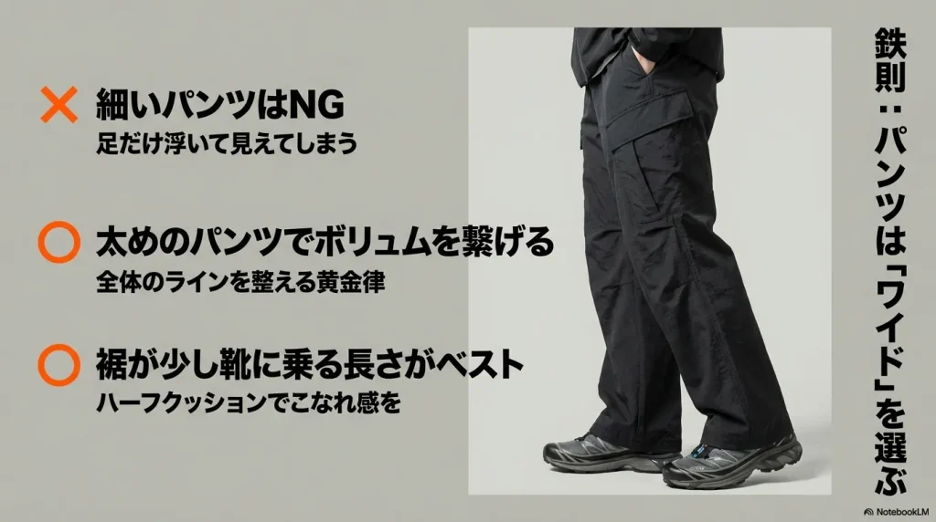 黒のワイドパンツとサロモンのスニーカーを合わせ、裾が少し靴に乗るベストな丈感を解説したスタイリング画像。