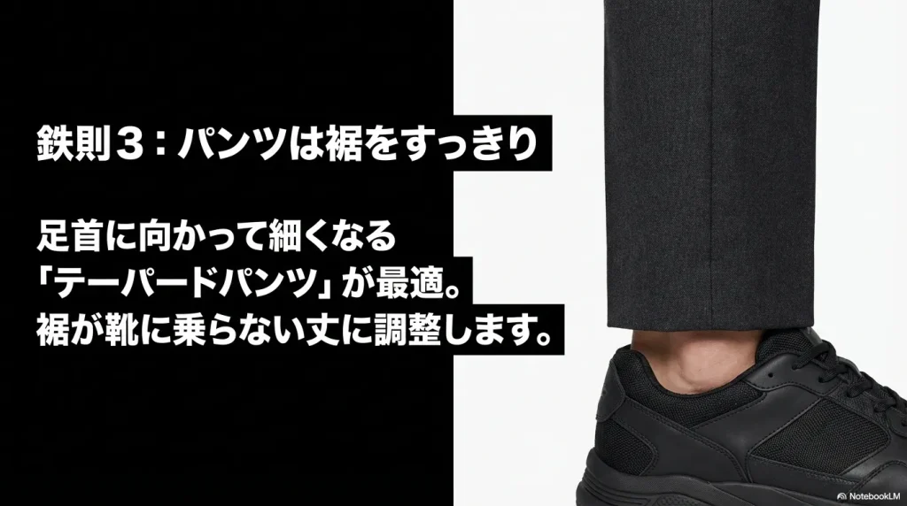足首に向かって細くなるテーパードパンツを選び、裾が靴に乗らない丈に調整するポイントを解説する図