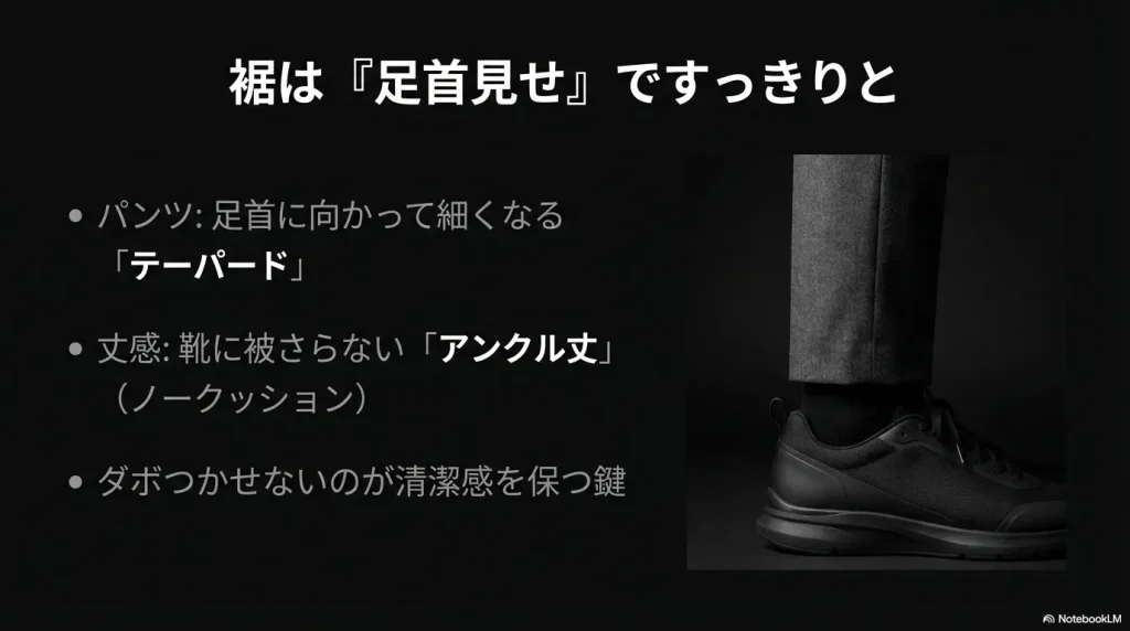 テーパードパンツとアンクル丈の組み合わせによる清潔感のある足元コーディネート