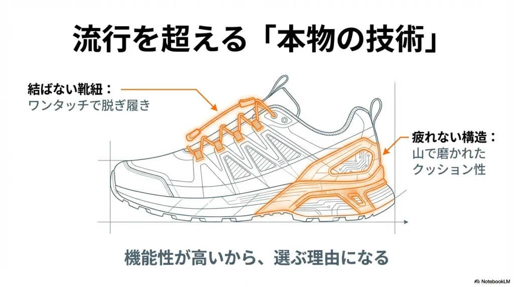 ワンタッチで脱ぎ履きできる結ばない靴紐（クイックレース）や、山で磨かれたクッション性など、サロモンの高い技術力を解説する図 。