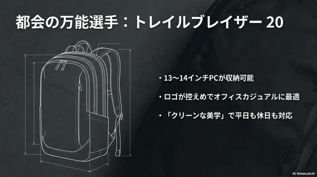 トレイルブレイザー20の紹介 ：13〜14インチPCが収納可能 、控えめなロゴでオフィスカジュアルに最適 、クリーンな美学で平日も休日も対応 。