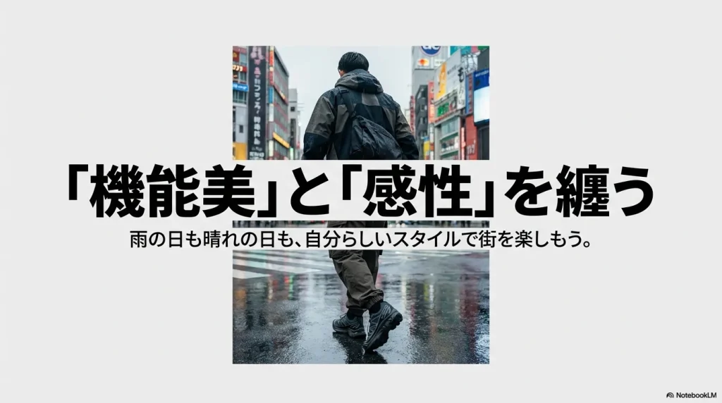 濡れた路面を歩くサロモンの足元。雨の日も晴れの日も自分らしいスタイルで楽しもうというメッセージ。