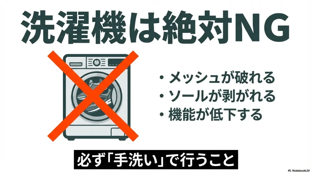 洗濯機使用によるメッシュの破損やソールの剥がれ、機能低下の警告スライド。必ず手洗いで行うことを推奨。