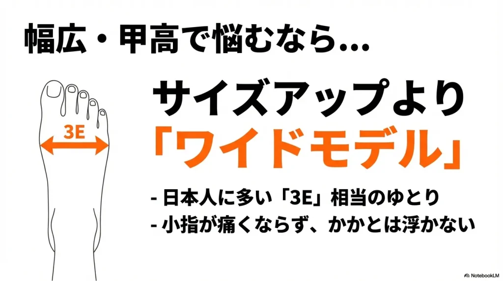 日本人に多い3E相当のゆとりを持つサロモンのワイドモデルと通常モデルの比較解説。