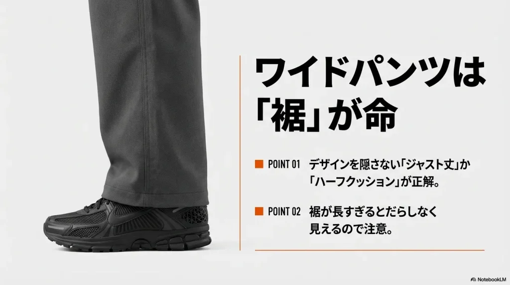 ワイドパンツの裾がスニーカーにかかる様子。デザインを隠さない「ジャスト丈」か「ハーフクッション」が正解であるとの解説。