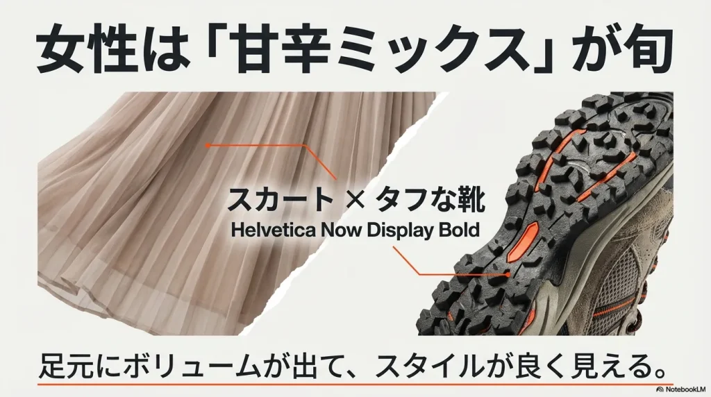 スカートとタフな靴を合わせる甘辛ミックスコーデでスタイルが良く見える解説