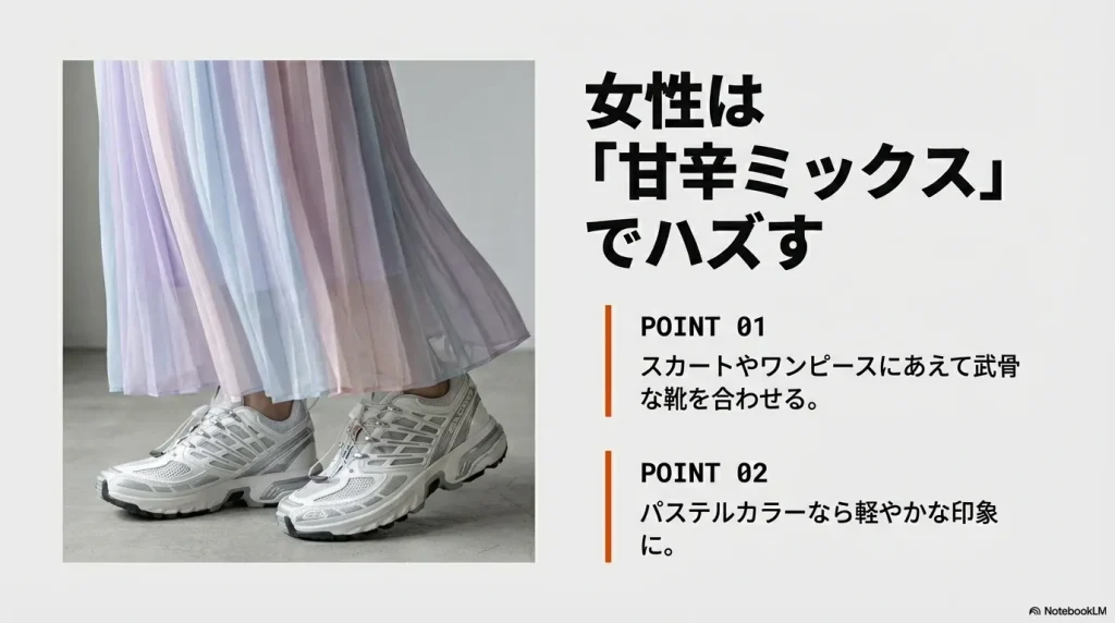 淡い色のプリーツスカートに白いサロモンを合わせた足元。武骨な靴でハズすテクニックやパステルカラーの活用についての解説。