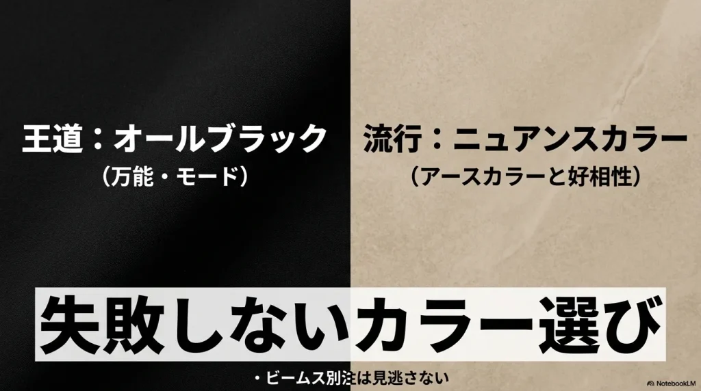 オールブラック（王道）やニュアンスカラー（流行）の選び方、ビームス別注についての解説スライド。