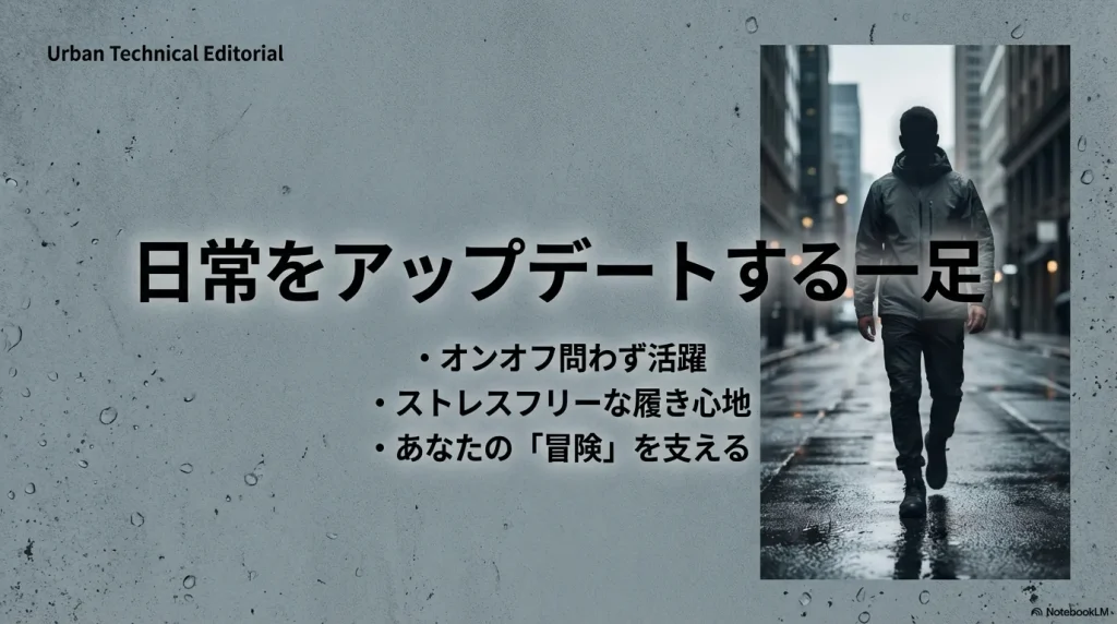 まとめスライド。オンオフ問わず活躍、ストレスフリーな履き心地、あなたの「冒険」を支えるというメッセージ。