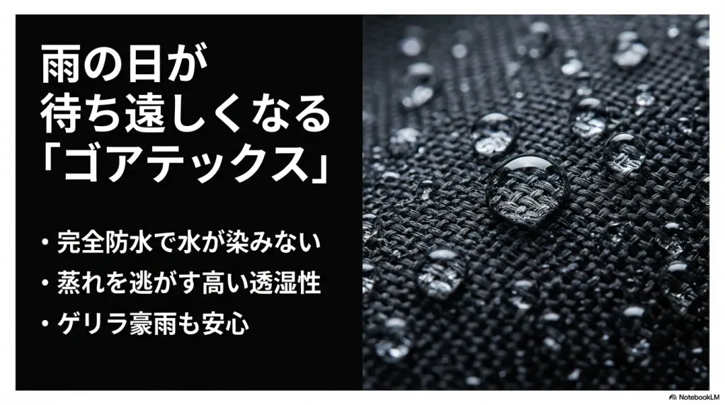 ゴアテックスのメリットとして、完全防水、高い透湿性、ゲリラ豪雨でも安心な点を紹介するスライド。