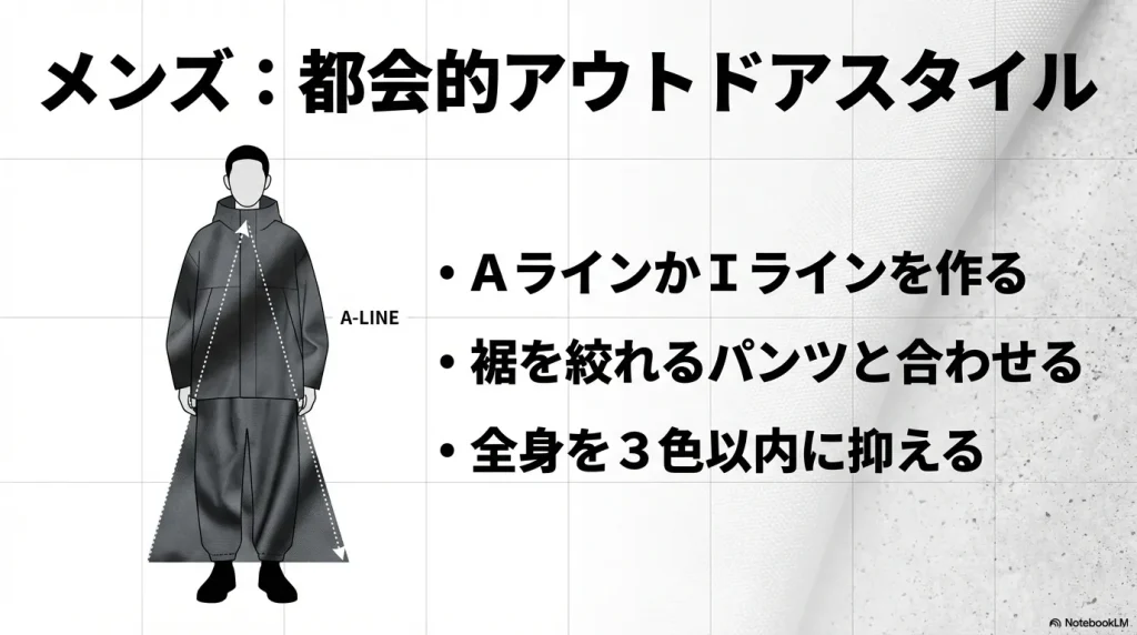 メンズコーデのポイント。Aライン・Iラインの構築、裾を絞れるパンツとの相性、3色以内への色数制限の解説。