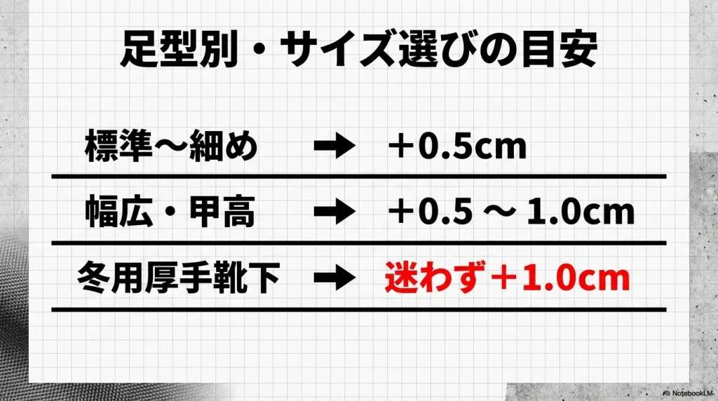 標準〜細めは+0.5cm、幅広・甲高は+0.5〜1.0cm、冬用厚手靴下は+1.0cmを推奨するサイズ目安表。