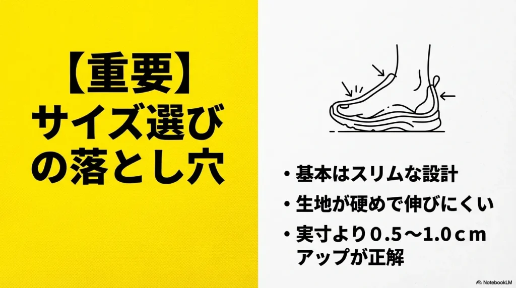 サイズ選びの落とし穴として、基本はスリム設計、生地が硬めで伸びにくい、実寸より0.5〜1.0cmアップが正解であることを示すイラスト付きスライド。