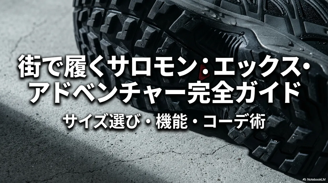 「街で履くサロモン：エックス・アドベンチャー完全ガイド サイズ選び・機能・コーデ術」と書かれたタイトルスライド。