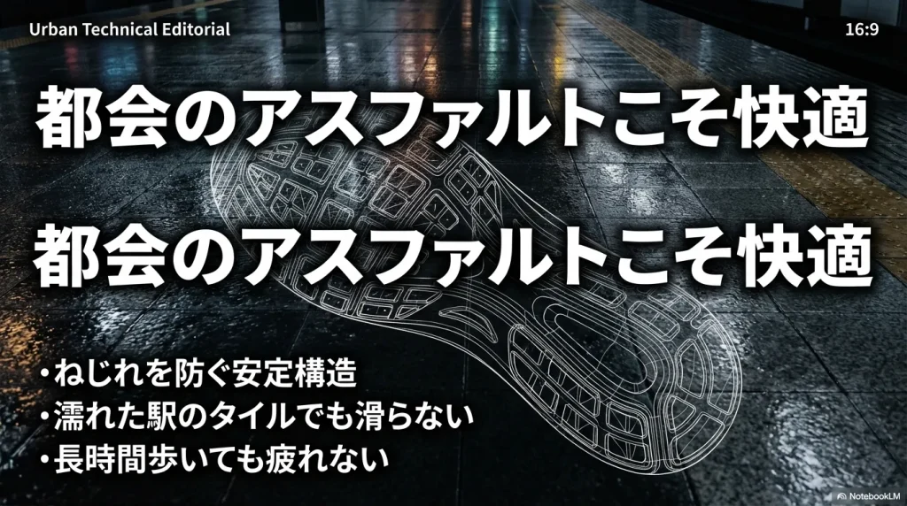 都会のアスファルトでの快適性を解説。ねじれ防止、濡れたタイルでの滑り止め、長時間歩行でも疲れない機能の紹介。