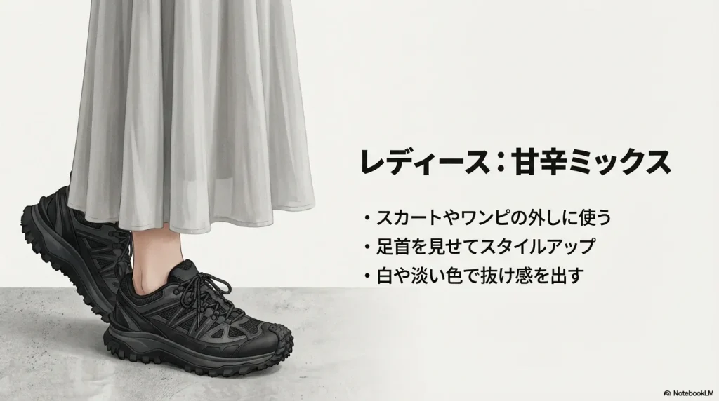 レディースコーデのコツ。スカートやワンピの外し、足首見せ、白や淡い色での抜け感演出についての紹介。