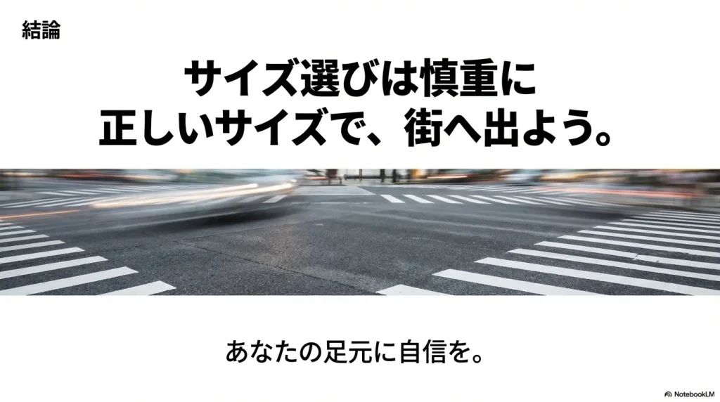 結論スライド。慎重なサイズ選びで自信を持って街へ出ることを促すまとめ
