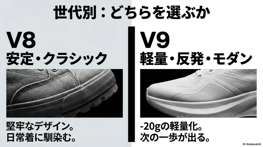 XA PRO 3Dの第8世代(V8)と第9世代(V9)のデザイン・機能・重量の比較表