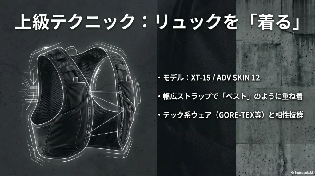 リュックを「着る」上級テクニック ：XT-15やADV SKIN 12を用い 、幅広ストラップでベストのように重ね着する 。テック系ウェア（GORE-TEX等）との相性が抜群 。