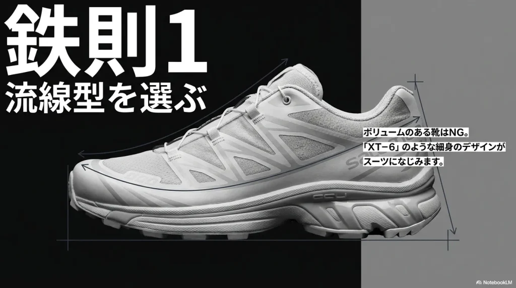 ボリュームのある靴は避け、XT-6のような細身のデザインを選ぶことでスーツに馴染むことを説明する図