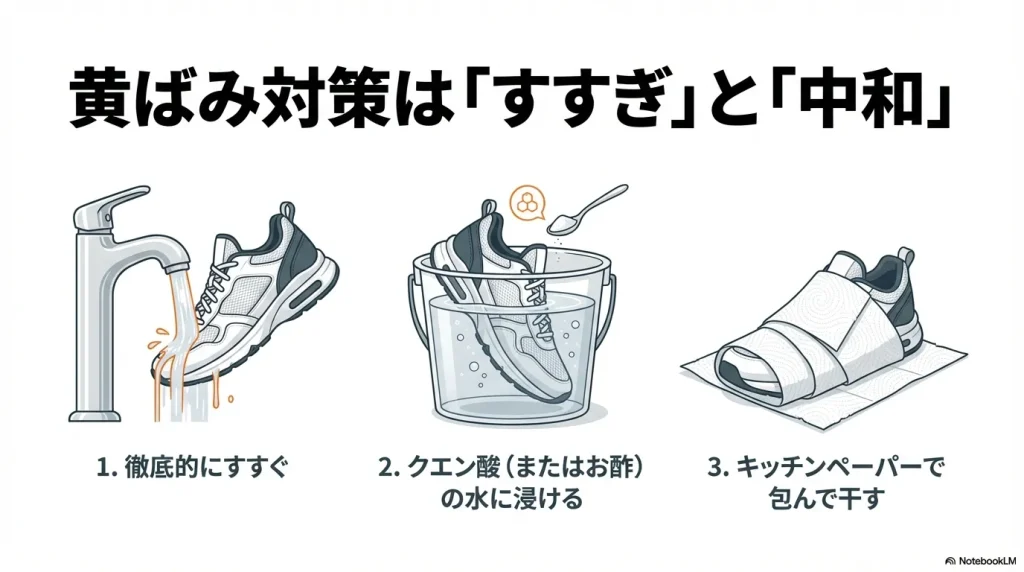 すすぎ、クエン酸での中和、キッチンペーパーで包んで干すという黄ばみ対策の3ステップ。