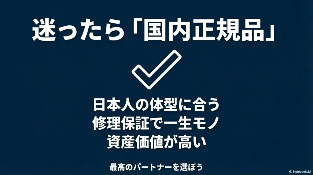 迷ったら「国内正規品」を推奨するまとめスライド。日本人の体型に合い、修理保証があり、資産価値が高いことをチェックリスト形式で提示。