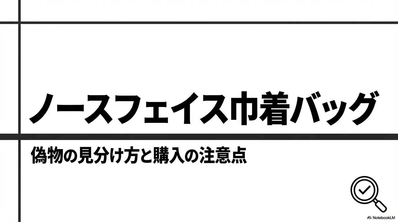 ノースフェイスの巾着バッグの偽物を見分けるポイントと購入時の注意点を解説するプレゼンスライドの表紙。