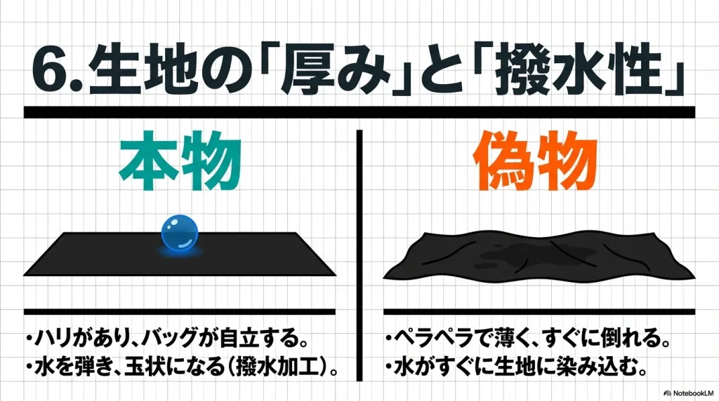 生地の品質比較。本物は厚みがあり水を玉状に弾くが、偽物は生地が薄く、水がすぐに染み込んでしまう様子を示した図。