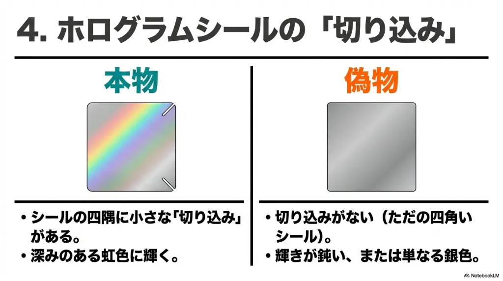 セキュリティ用ホログラムシールの比較。本物は四隅に小さな切り込みがあり虹色に輝くが、偽物は切り込みがなく輝きが鈍いことを解説。