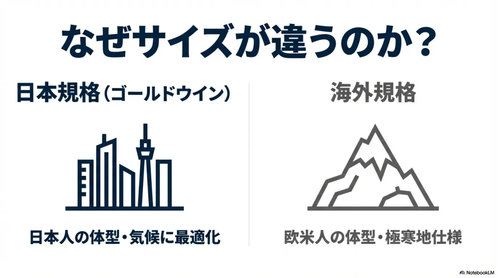 日本規格（ゴールドウィン）は日本人の体型と気候に最適化され、海外規格は欧米人の体型と極寒地仕様に最適化されていることを示す図解。