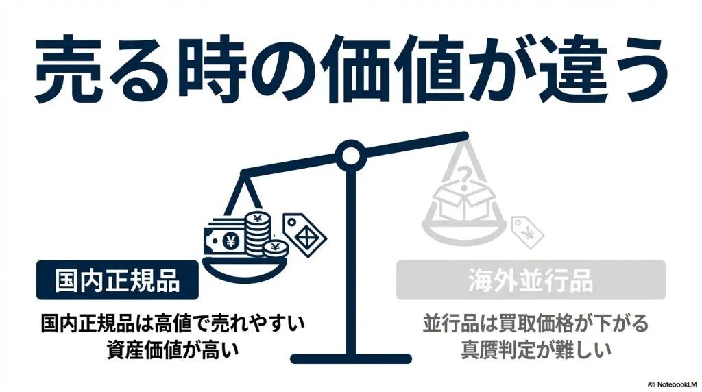 国内正規品は高値で売れやすく資産価値が高いが、並行品は真贋判定の難しさから買取価格が下がる傾向にあることを示す図解。