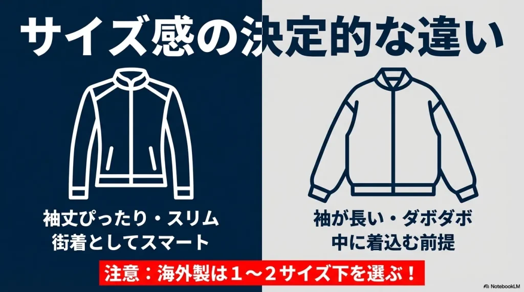 日本規格は袖丈がぴったりでスリムな街着向け、海外製は袖が長くダボダボで中に着込む前提のデザインであることを比較したイラスト。海外製は1〜2サイズ下を選ぶよう注意喚起している。