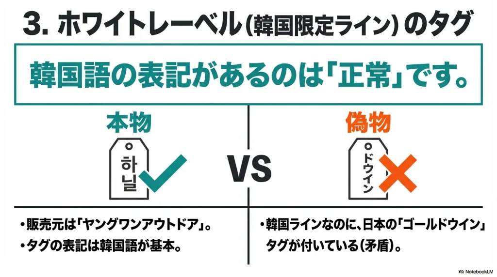 韓国限定ホワイトレーベルのタグ解説。販売元がヤングワンアウトドアであることや、韓国ラインなのに日本のゴールドウインタグが付いているのは矛盾であるという説明。韓国限定ホワイトレーベルのタグ解説。販売元がヤングワンアウトドアであることや、韓国ラインなのに日本のゴールドウインタグが付いているのは矛盾であるという説明。