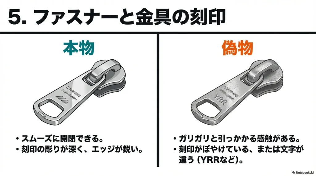 ファスナー金具の比較。本物は刻印が深くエッジが鋭いが、偽物は刻印がぼやけていたり、文字が「YRR」などと間違っていたりする例。