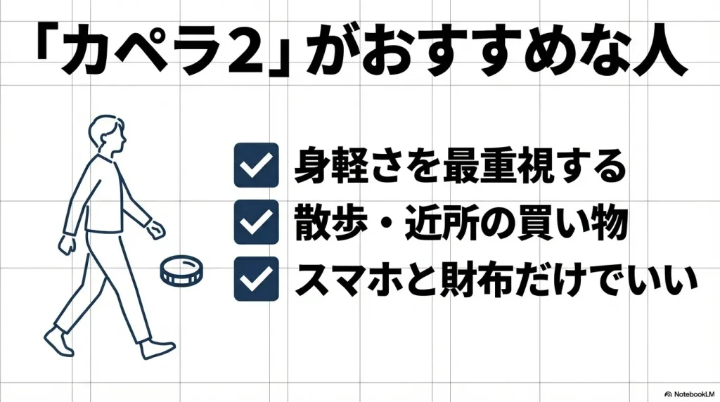 身軽さを重視し、散歩やスマホ・財布だけの外出にカペラ2が適していることを示すイラスト。