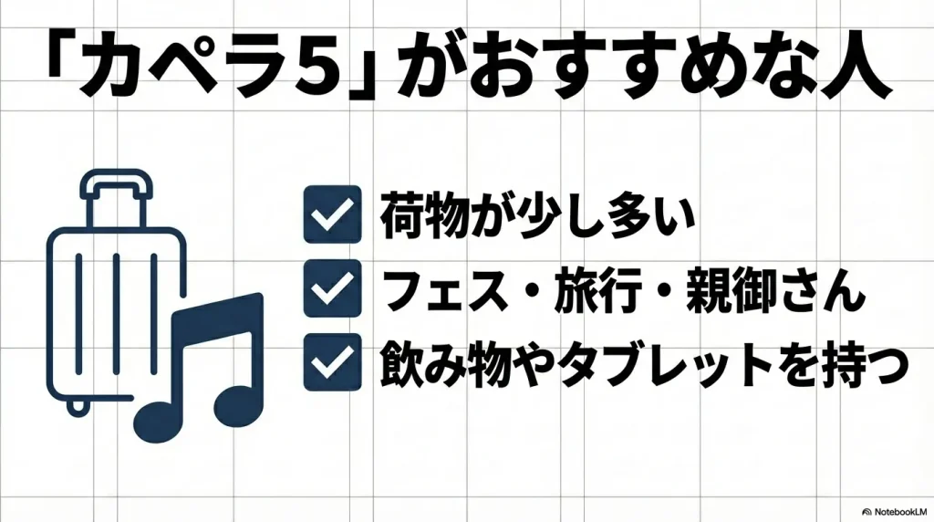 フェス、旅行、タブレットや飲み物を持ち歩く実用派にカペラ5が適していることを示すまとめ。
